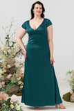 A Line V Neck Dark Green Plus Size Bridesmaid Dress with Open Back