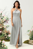 Simple Grey Halter Long Bridesmaid Dress with Slit