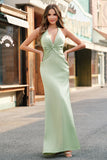 Dusty Sage Satin Mermaid Ruched Halter Bridesmaid Dress