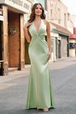 Dusty Sage Satin Mermaid Ruched Halter Bridesmaid Dress