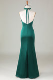 Dusty Sage Satin Mermaid Ruched Halter Bridesmaid Dress