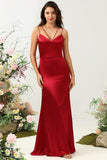 Mermaid Spaghetti Straps Burgundy Long Bridesmaid Dress with Backless