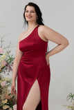 Burgundy Plus Size One Shoulder Long Bridesmaid Dress