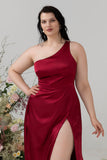 Burgundy Plus Size One Shoulder Long Bridesmaid Dress