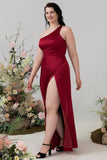 Burgundy Plus Size One Shoulder Long Bridesmaid Dress