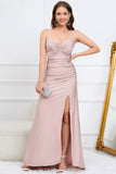 Mermaid Spaghetti Straps Blush Long Formal Dress with Beading