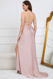 Mermaid Spaghetti Straps Blush Long Formal Dress with Beading