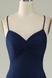 Mermaid Spaghetti Straps Navy Plus Size Formal Dress with Split Front