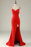 Mermaid Spaghetti Straps Red Long Formal Dress with Criss Cross Back