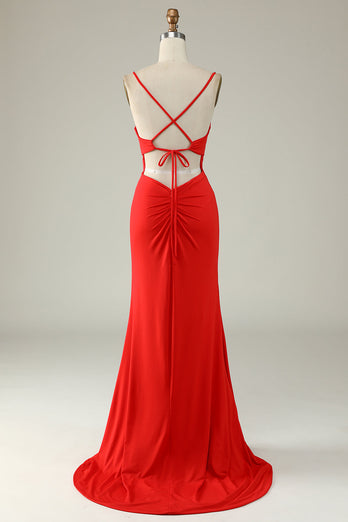 Mermaid Spaghetti Straps Red Long Formal Dress with Criss Cross Back