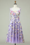 Purple A Line Tea Length Formal Dress with 3D Flowers