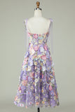 Purple A Line Tea Length Formal Dress with 3D Flowers