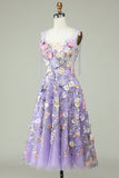 Purple A Line Tea Length Formal Dress with 3D Flowers