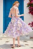 A Line Spaghetti Straps Blue Tea Length Formal Dress with 3D Flowers