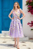 A Line Spaghetti Straps Blue Tea Length Formal Dress with 3D Flowers