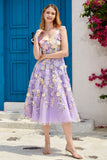 A Line Spaghetti Straps Purple Tea Length Formal Dress with 3D Flowers