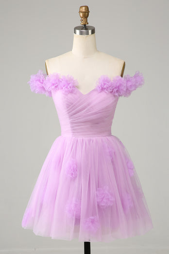 Pink Off the Shoulder Corset Short Formal Dress With Flowers