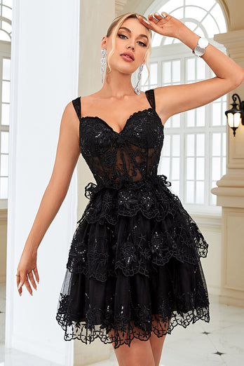 Sparkly Dark Blue Corset Tiered Short Formal Dress with Lace