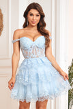 Sparkly Dark Blue Corset Tiered Short Formal Dress with Lace