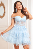 Sparkly Dark Blue Corset Tiered Short Formal Dress with Lace