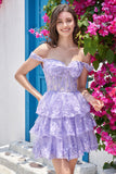 Cute A Line Off the Shoulder Pink Corset Short Formal Dress with Lace