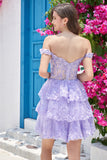 Cute A Line Dark Blue Corset Tiered Short Formal Dress with Lace