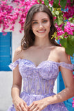 Cute A Line Off the Shoulder Pink Corset Short Formal Dress with Lace