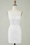 Spaghetti Straps Bodycon Little White Dress with Appliques