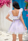 Off the Shoulder Ruffles Tulle Short Formal Dress with Embroidery