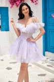 Off the Shoulder Ruffles Tulle Short Formal Dress with Embroidery