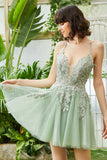 A Line Spaghetti Straps Dark Green Short Formal Dress with Appliques