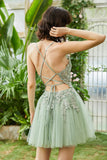 A Line Spaghetti Straps Dark Green Short Formal Dress with Appliques