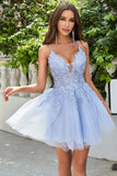 A Line Spaghetti Straps Grey Blue Short Formal Dress with Appliques