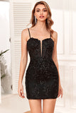 Sheath Spaghetti Straps Black Sequins Short Formal Dress with Criss Cross Back