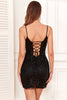 Load image into Gallery viewer, Sheath Spaghetti Straps Black Sequins Short Formal Dress with Criss Cross Back