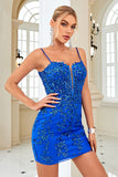 Sheath Spaghetti Straps Royal Blue Sequins Short Formal Dress