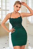 Sparkly Sheath Spaghetti Straps Dark Green Short Formal Dress with Appliques