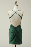 Sparkly Sheath Spaghetti Straps Dark Green Short Formal Dress with Appliques