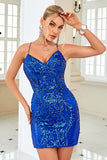 Sheath Spaghetti Straps Royal Blue Sequins Short Formal Dress