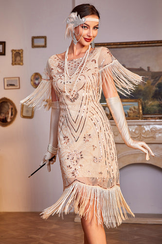 Sparkly Champagne Cap Sleeves Fringed Sequins 1920s Flapper Dress