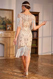 Sparkly Champagne Cap Sleeves Fringed Sequins 1920s Flapper Dress