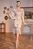 Sparkly Champagne Cap Sleeves Fringed Sequins 1920s Flapper Dress