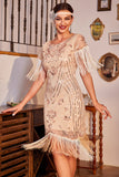 Sparkly Champagne Cap Sleeves Fringed Sequins 1920s Flapper Dress