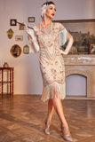 Sparkly Champagne Cap Sleeves Fringed Sequins 1920s Flapper Dress