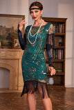 Sparkly Dark Green Cap Sleeves Fringed Sequins 1920s Flapper Dress