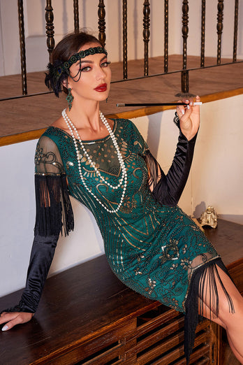Sparkly Dark Green Cap Sleeves Fringed Sequins 1920s Flapper Dress