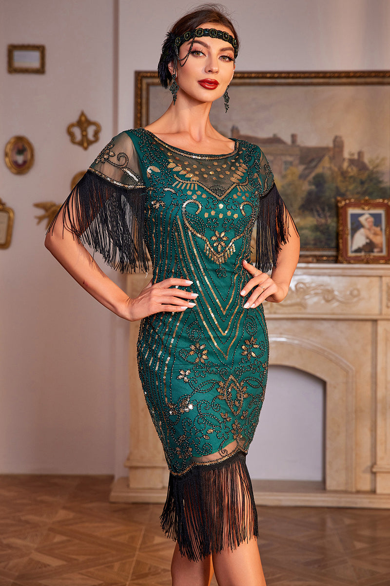 Load image into Gallery viewer, Sparkly Champagne Cap Sleeves Fringed Sequins 1920s Flapper Dress
