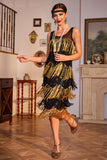 Sparkly Black and Golden Sequined Fringed 1920s Gatsby Flapper Dress