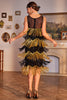 Load image into Gallery viewer, Sparkly Black and Golden Sequined Fringed 1920s Gatsby Flapper Dress