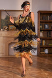 Sparkly Black and Golden Sequined Fringed 1920s Gatsby Flapper Dress